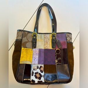 Coach patchwork bag purple brown animal prints